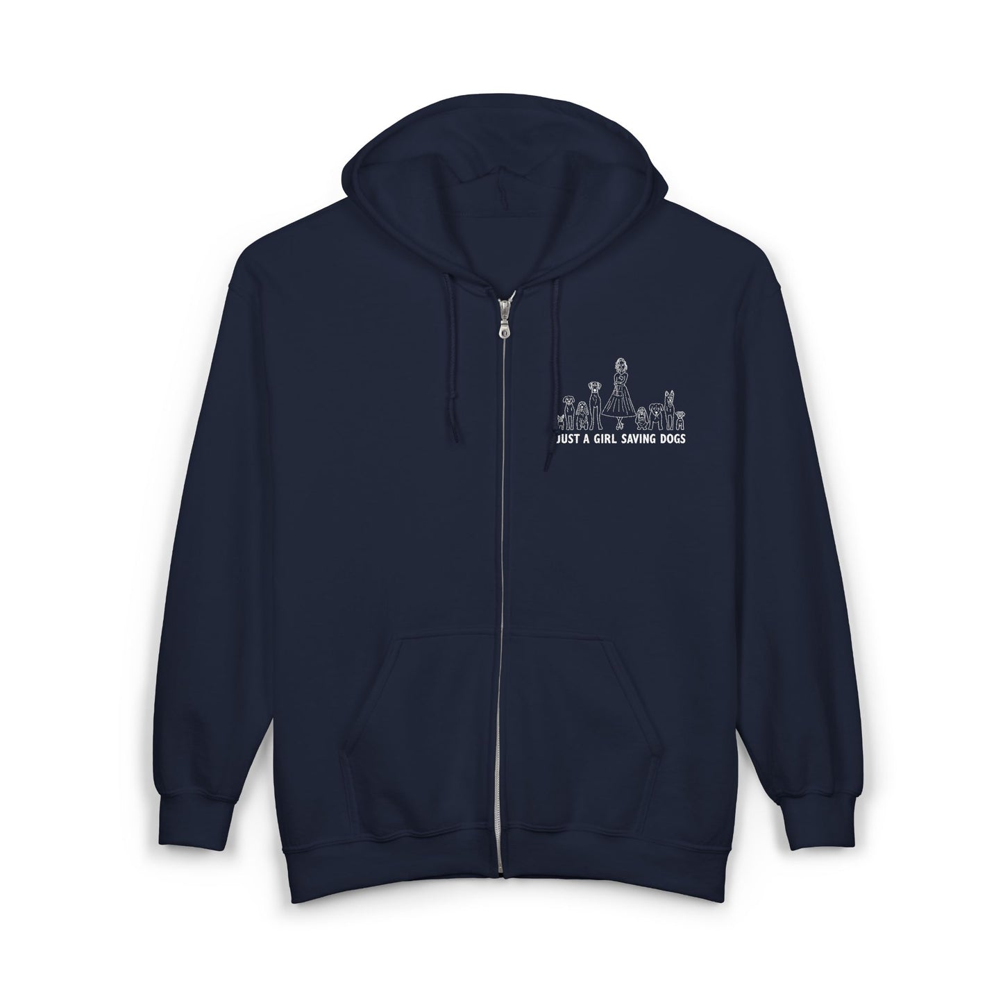 Just a Girl Saving Dogs Sketch Unisex Heavy Blend Hooded Sweatshirt, Cozy Zip-Up Sweatshirt