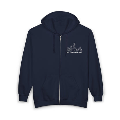 Just a Girl Saving Dogs Sketch Unisex Heavy Blend Hooded Sweatshirt, Cozy Zip-Up Sweatshirt