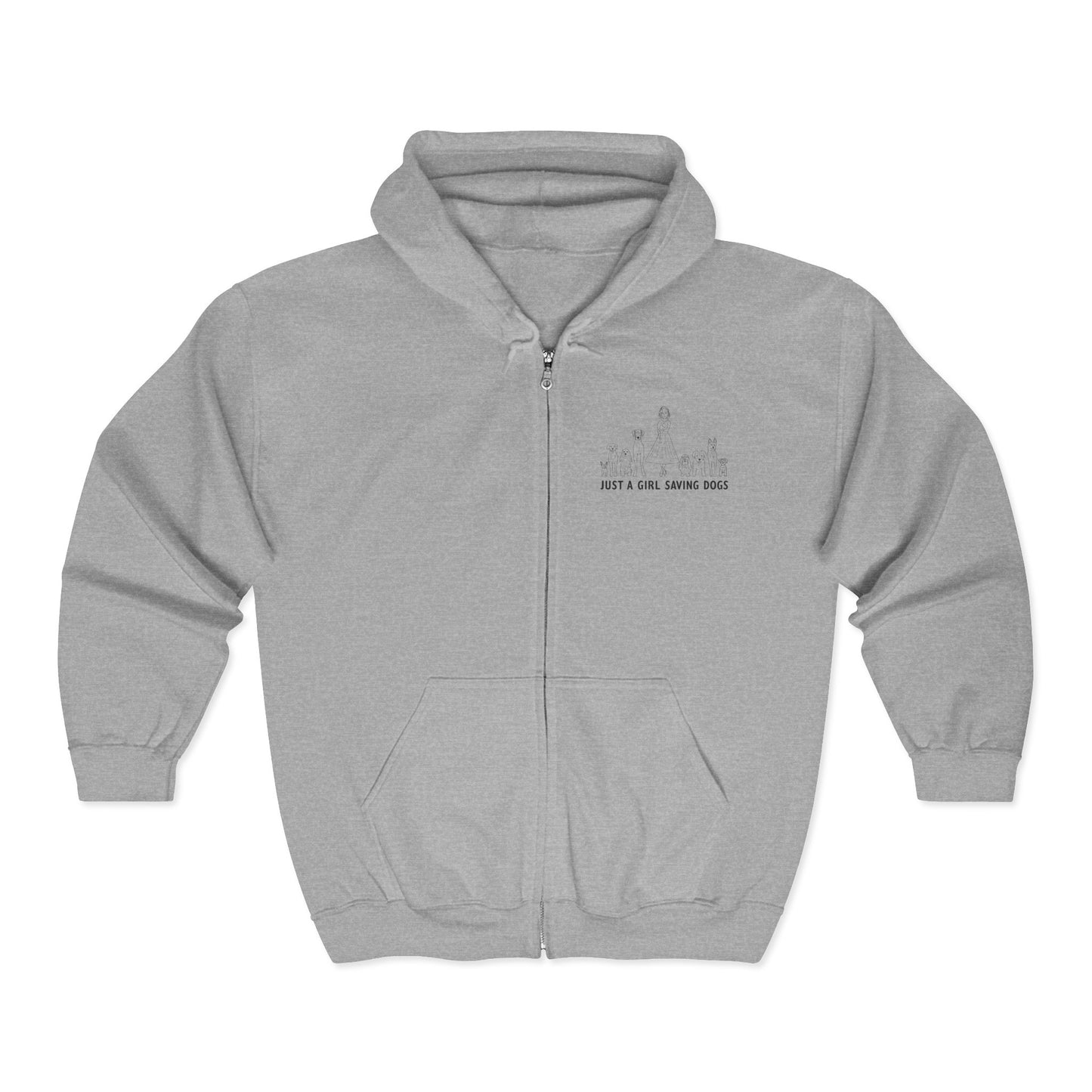 Just a Girl Saving Dogs Sketch Unisex Heavy Blend Hooded Sweatshirt, Cozy Zip-Up Sweatshirt