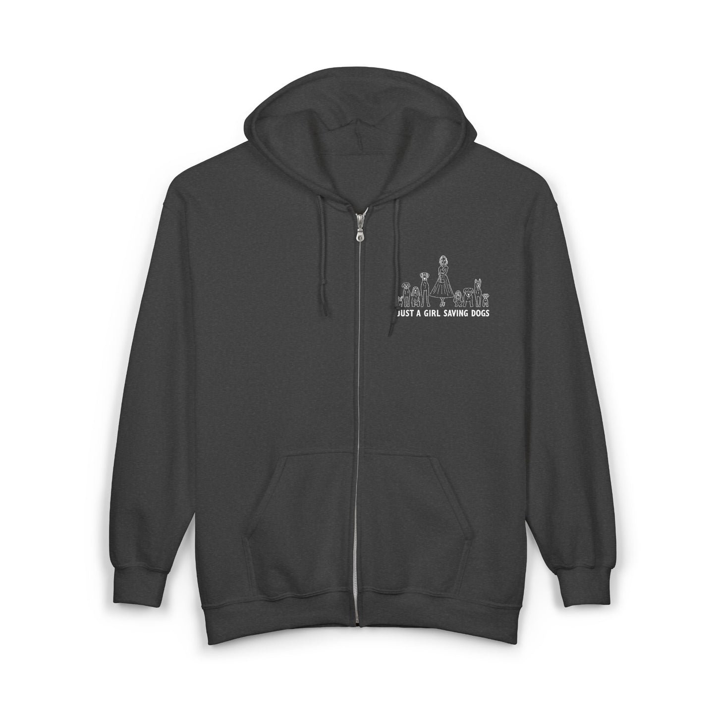 Just a Girl Saving Dogs Sketch Unisex Heavy Blend Hooded Sweatshirt, Cozy Zip-Up Sweatshirt