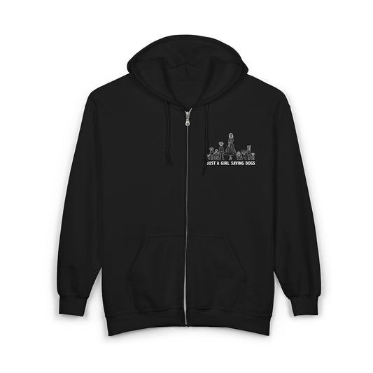 Just a Girl Saving Dogs Sketch Unisex Heavy Blend Hooded Sweatshirt, Cozy Zip-Up Sweatshirt