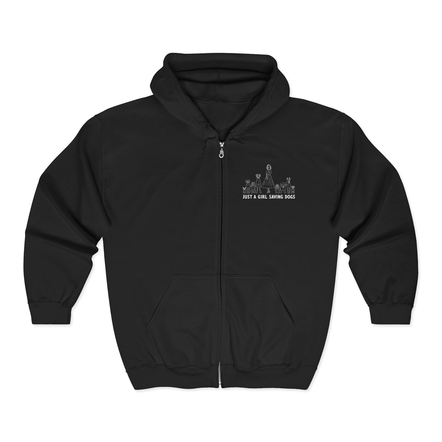 Just a Girl Saving Dogs Sketch Unisex Heavy Blend Hooded Sweatshirt, Cozy Zip-Up Sweatshirt