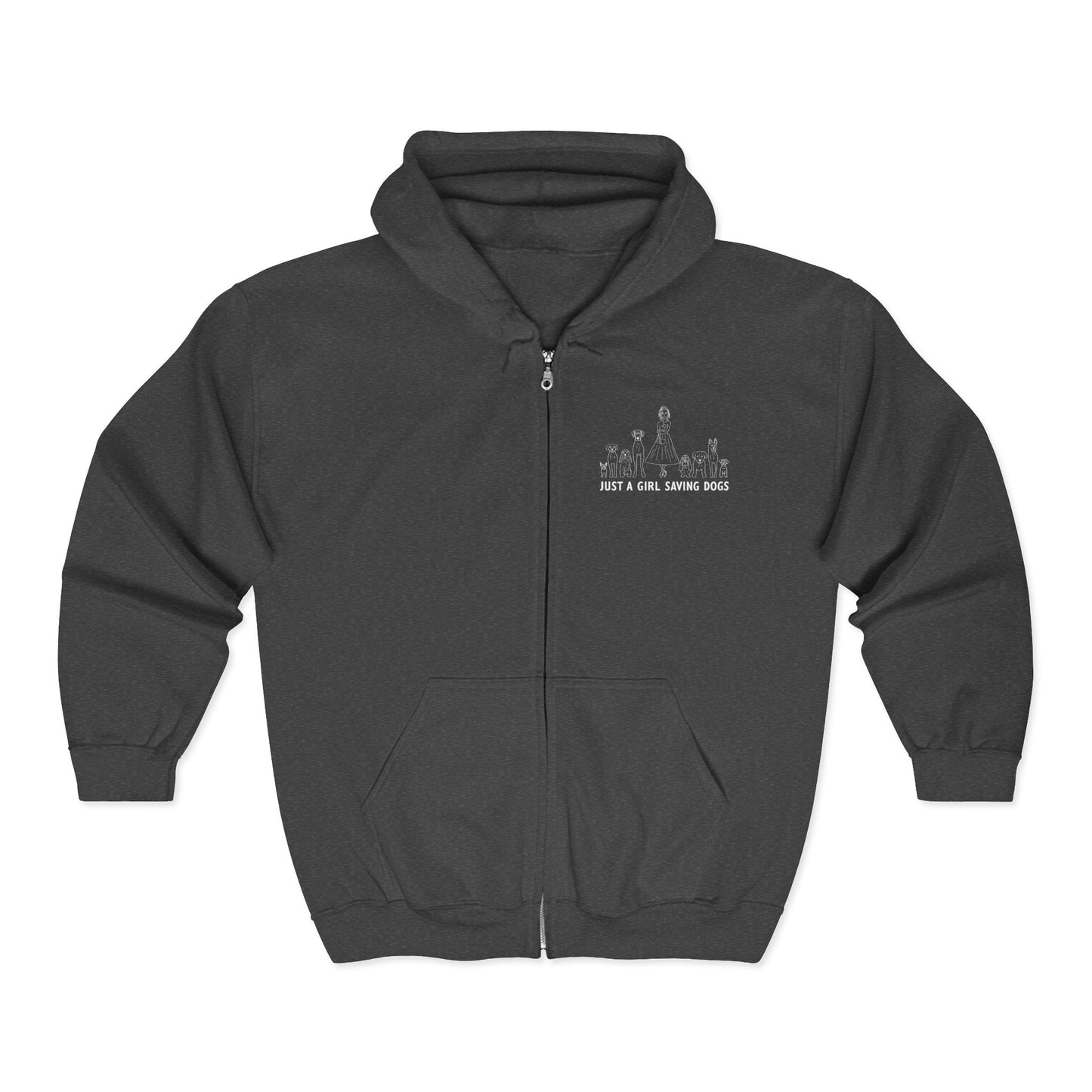 Just a Girl Saving Dogs Sketch Unisex Heavy Blend Hooded Sweatshirt, Cozy Zip-Up Sweatshirt